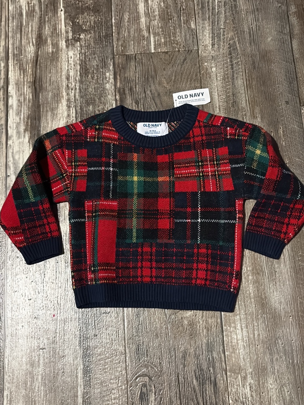 Old Navy Red & Navy Plaid Crewneck Sweater Baby Boy Size 12-18 Months. NWT!